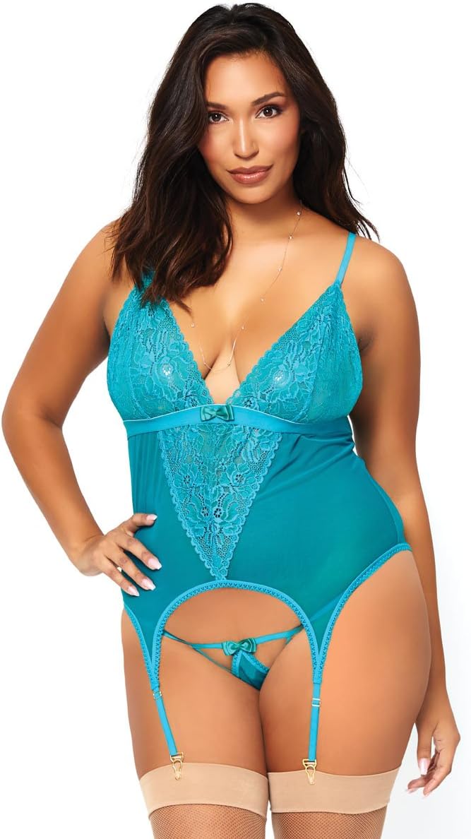 Leg Avenue Women's 2 Pc Mesh Lace Cami Garter with Hook-n-Eye Back Closure and Matching G-String Lingerie Set