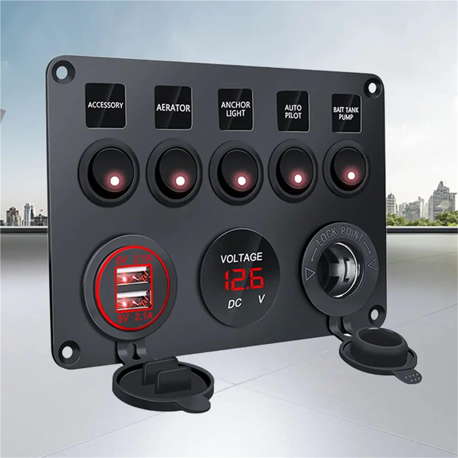 Panneau de commande d'interrupteur d'éclairage LED 12 V à 5 gangs, voltmètre, 2 ports USB, circuit de contrôle LED marche/arrêt for camping-car, camion, bateau, VTT, caravane(Blauw)