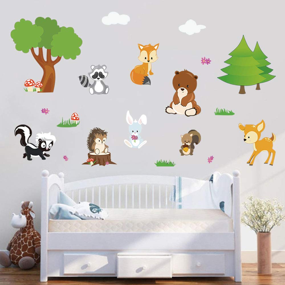 Stickers Muraux Grand Arbre Pin Avec Animaux De La Forêt - Décoration Enfant Pour Chambre Ou Salon | Autocollant Amovible 231x87cm