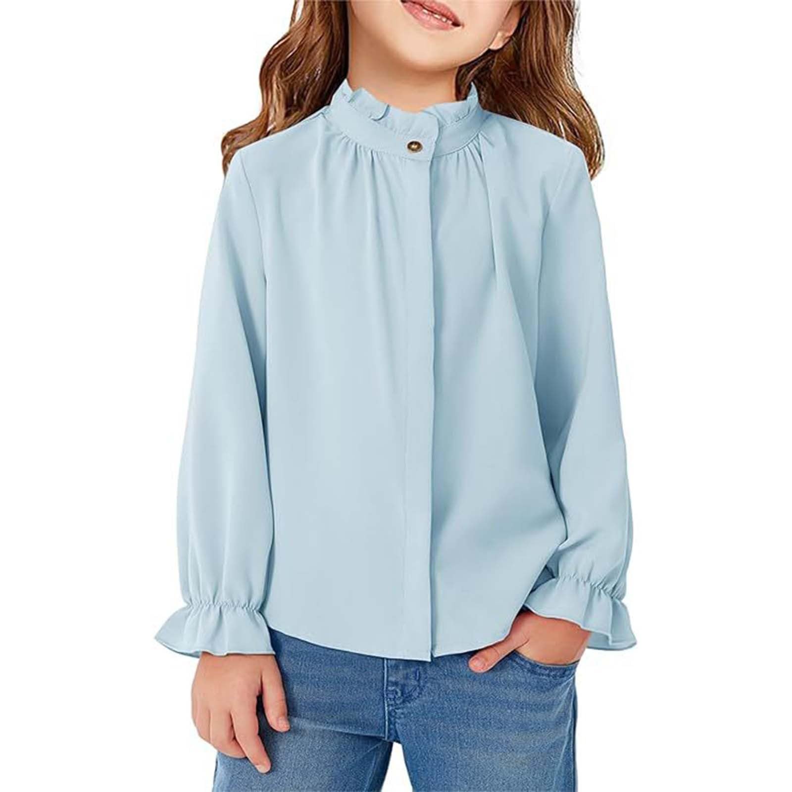 Camisa de manga larga para niñas, con botones, cuello con volantes, casual, para la escuela, formal, camisa de princesa suave