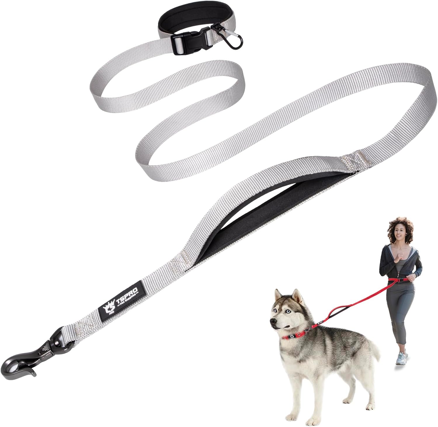 TSPRO Guinzaglio per cani a mani libere, guinzaglio regolabile con maniglia di sicurezza imbottita e fibbia in metallo, per cani di taglia media e grande che camminano e corrono (Argento)