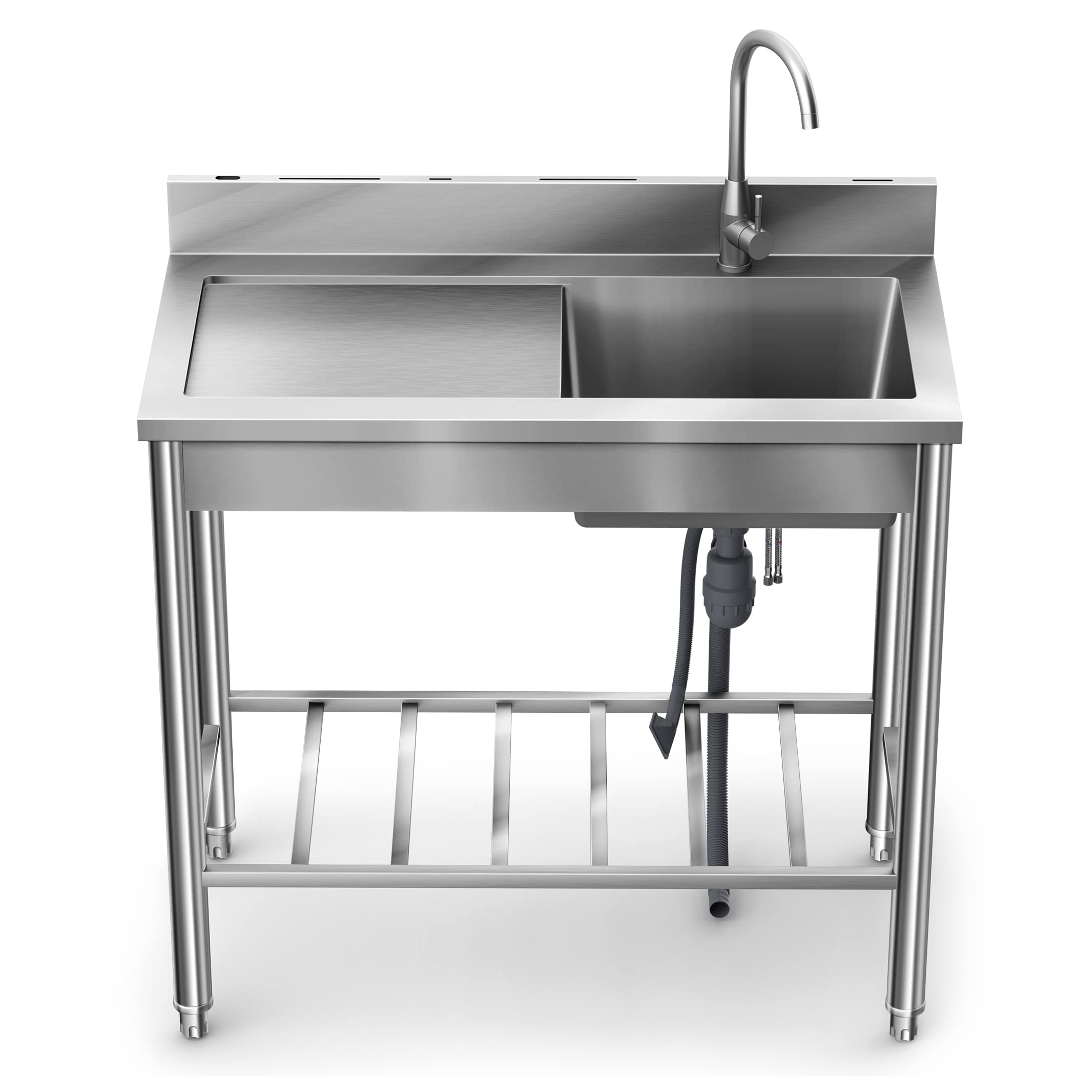 Photo 1 of Utility Sink Free Standing Single Bowl Kitchen Sink with Cold and Hot Water Pipe Stainless Steel Sink for Laundry Room Bathroom Farmhouse (39 Inch)