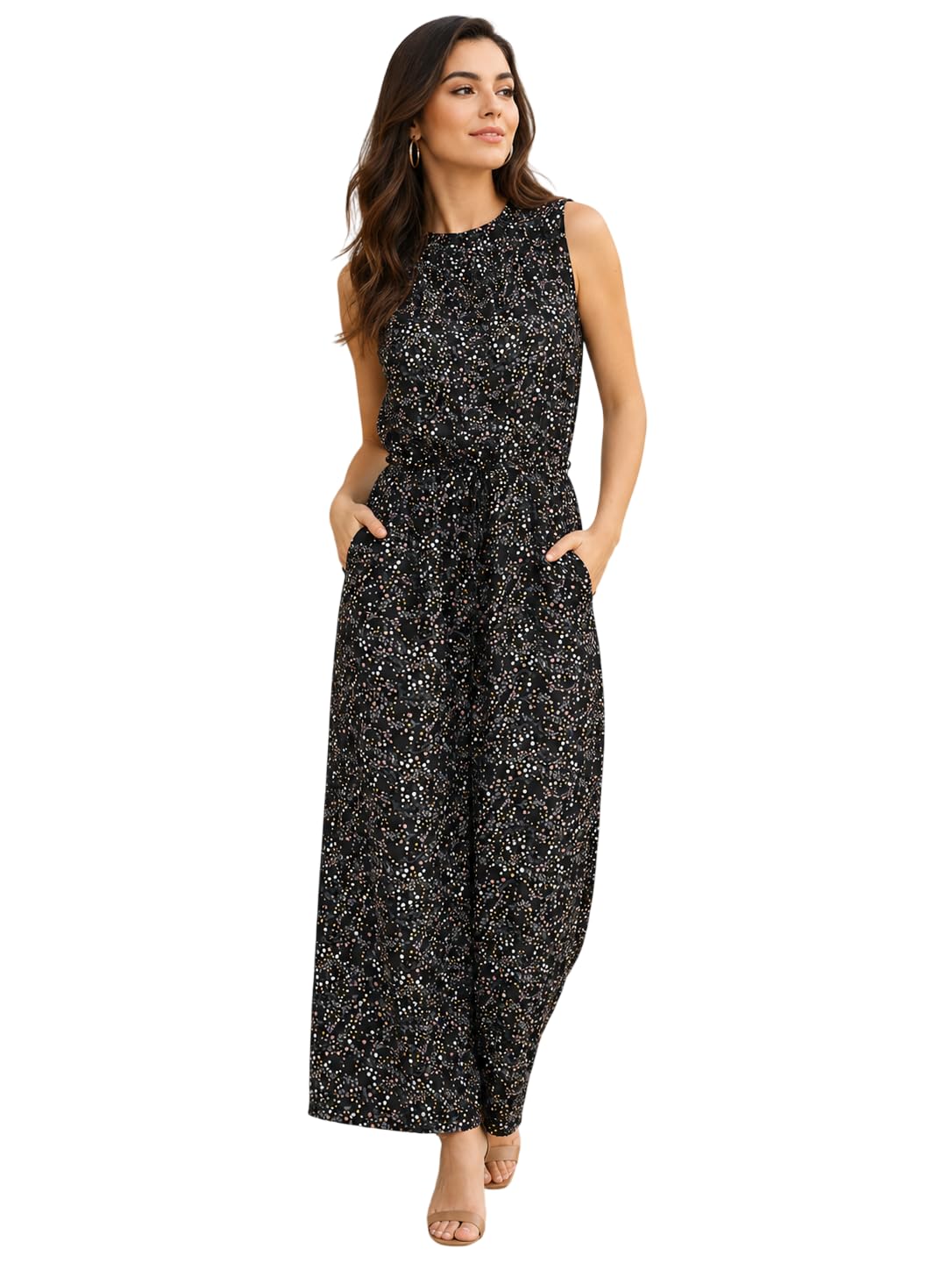 Women's Black Floral Printed Sleeveless Wide Leg Jumpsuit | Round Neck | Waist Tie | Casual Jumpsuit-image-13