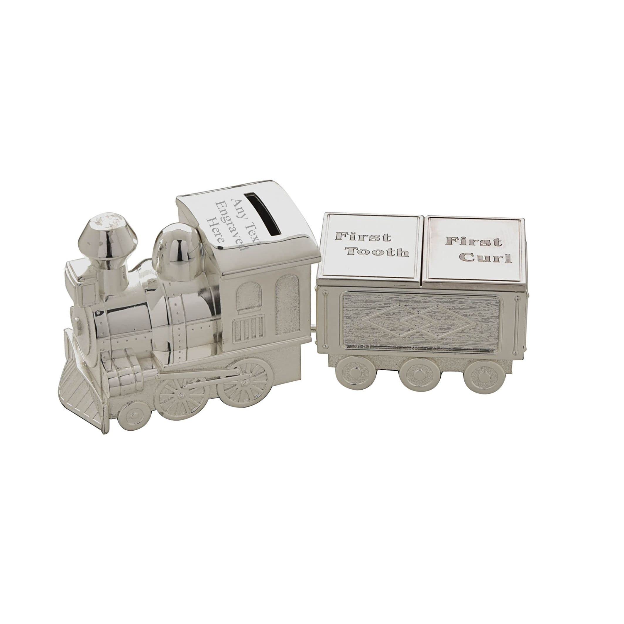 Silver [Custom] Personalised Engraved -Plated Train & Carriage Bank Money Box Christening / Birthday Gift