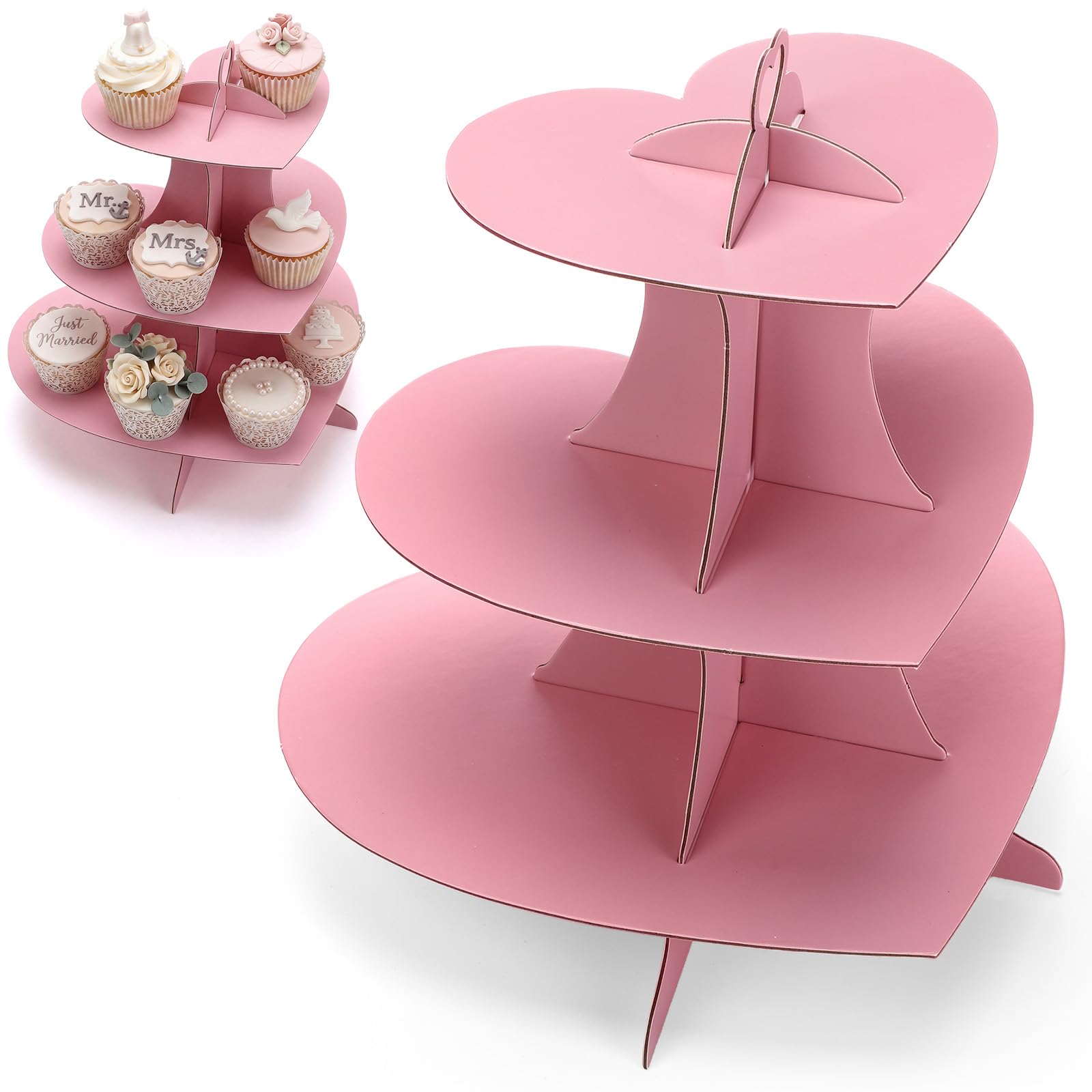 Willinglong 3 Tier Cardboard Cupcake Stand Pink Heart Cupcake Stands