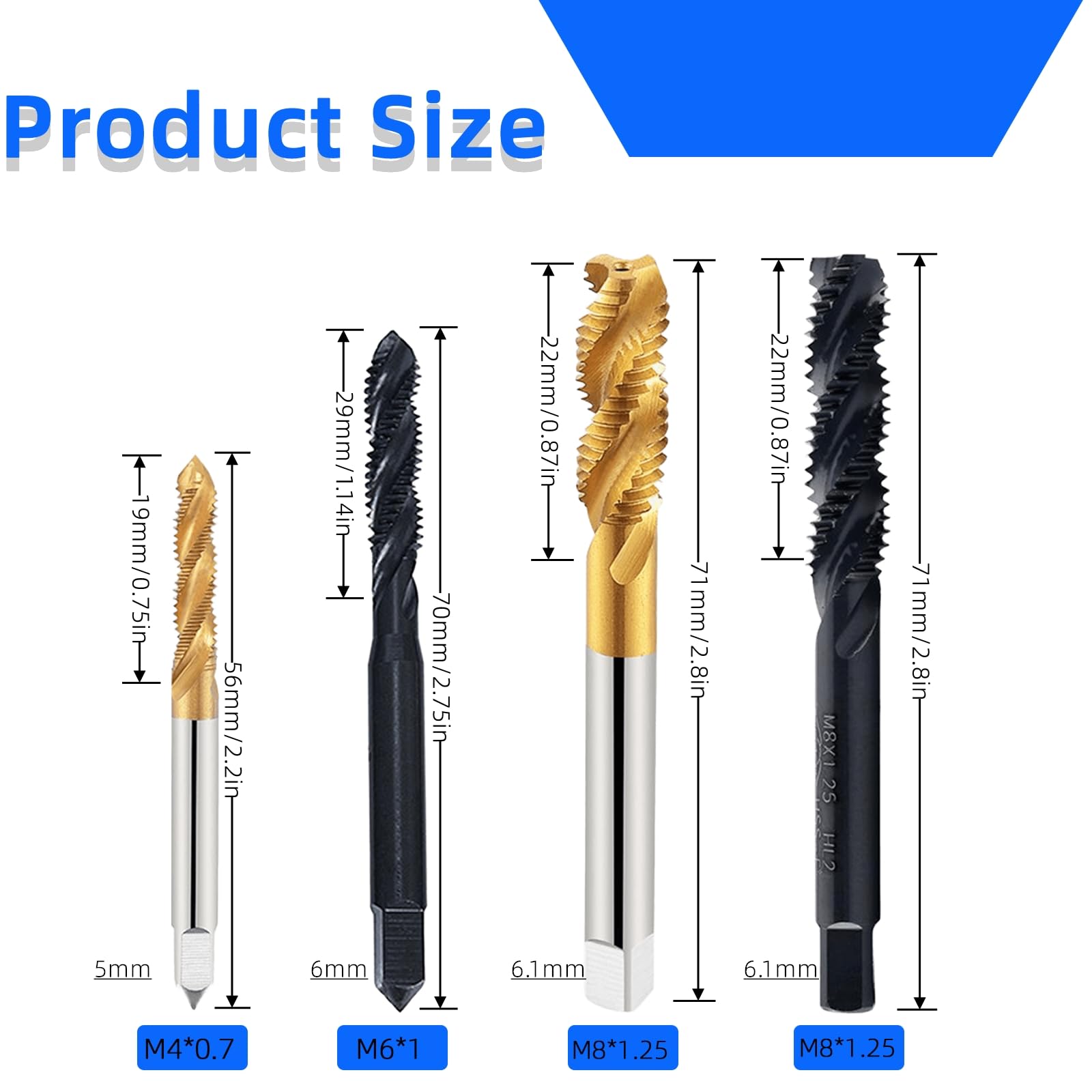 Vleant Spiral Flute Threading Tap – HSS6542 Titanium Plated and Nitriding Coated, Spiral Point Tap for Machine Screw, 4-Piece Set (M4x0.7, M6x1, 2x M8x1.25)