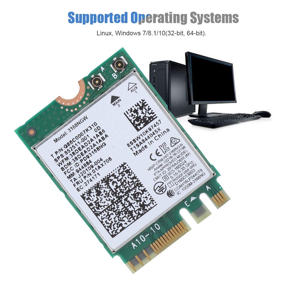 Scheda di Rete Wireless per Intel 3168NGW, Bluetooth 4.2 433 Mbps 2.4ghz / 5hz Dual Band NGFF M.2 Wireless WiFi Card per Linux, Windows 7/8.1/10