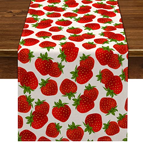 Nepnuser Camino de mesa de lino con fresa dulce Berry Girl decoración de fiesta de cumpleaños para verano, casa de campo, comedor, cocina, decoración de mesa Cover