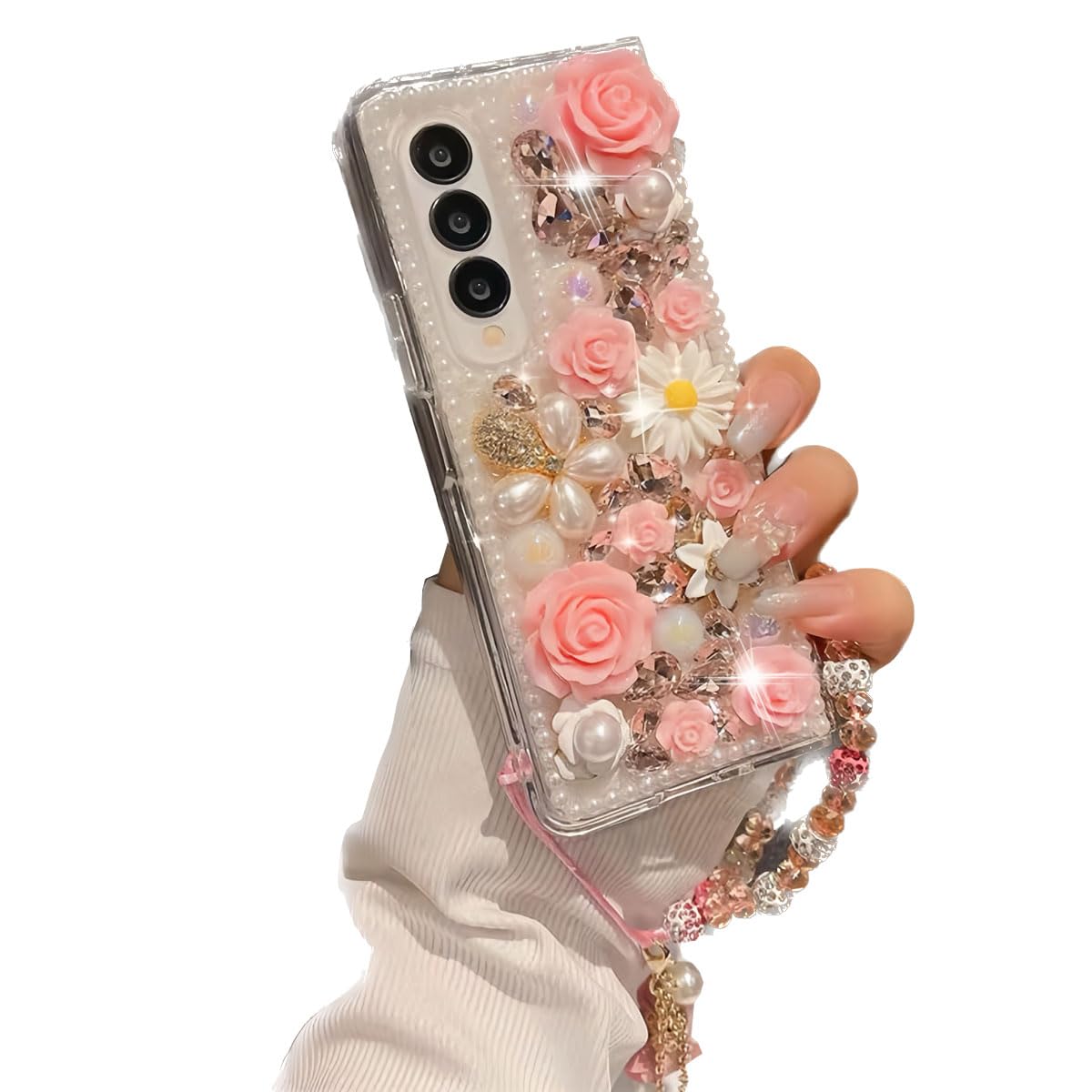 for Samsung Galaxy Z Fold 6 Case,Cute Bling Glitter Sparkle Stunning Stones Diamond Rhinestone 3D Handmade Pearl Rose Flower with Wrist Lanyard Women Girly for Galaxy Z Fold 6 (Pink)