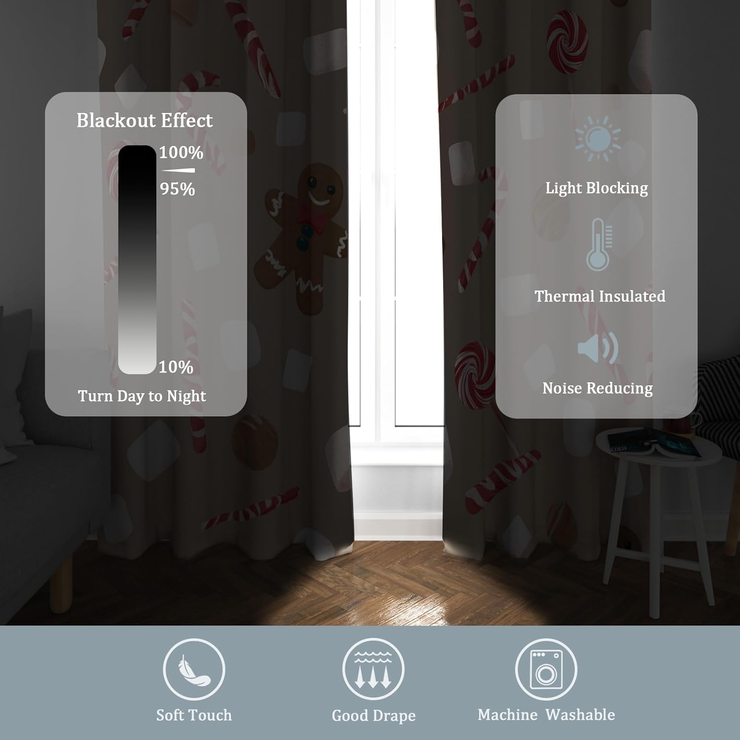 Christmas Bedroom Curtains 63 Inch - Xmas Candy Cane Gingerbread Man Printed Living Room Curtains, Christmas Home Decor Blackout Window Drapes with Grommet, 2 Panels Set - HL2601