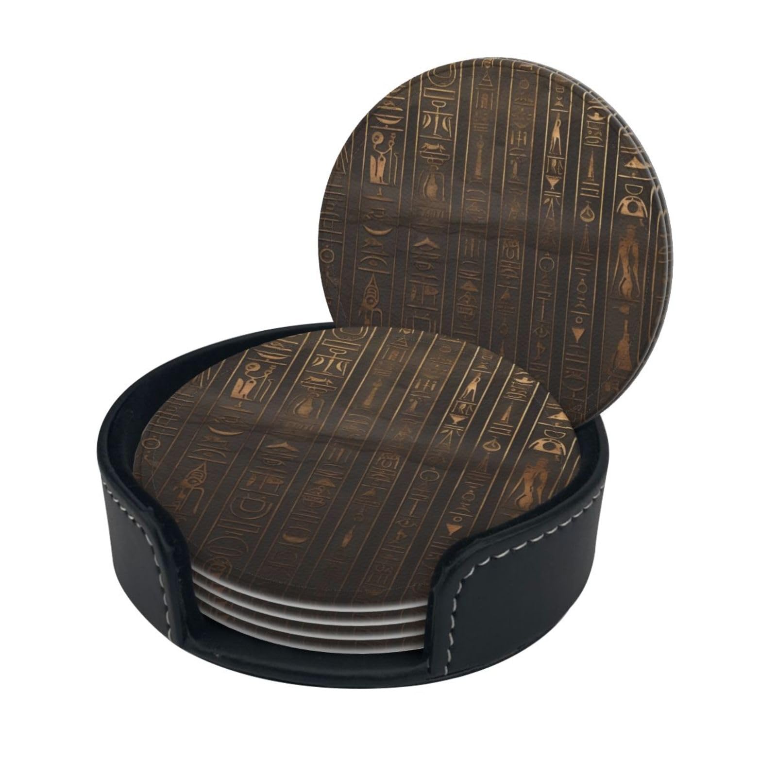 Stylish Coasters - Ancient Egyptian Hieroglyph Set of 6 Round Leather Drink Coasters with Holder - Perfect Size for Cups and Glasses
