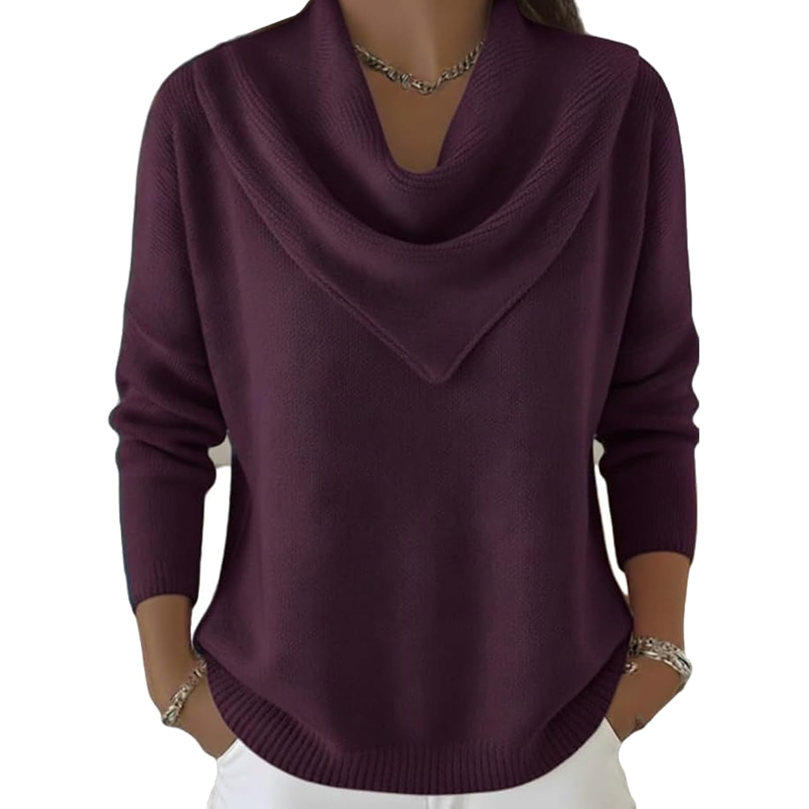 Elegant Retro Soft Triangle Neck Solid Color Sweater Top Triangle Neck Sweater Cozy Long Sleeve Knitted Casual Pullover
