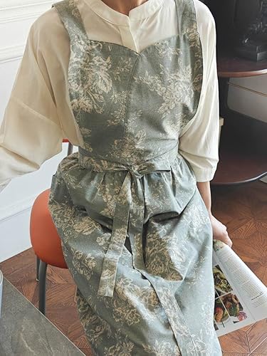 Miniatura 5 de Delantal de cocina floral de algodón impermeable para mujer, delantal ajustable con bolsillos, estilo vintage para cocinar y hornear