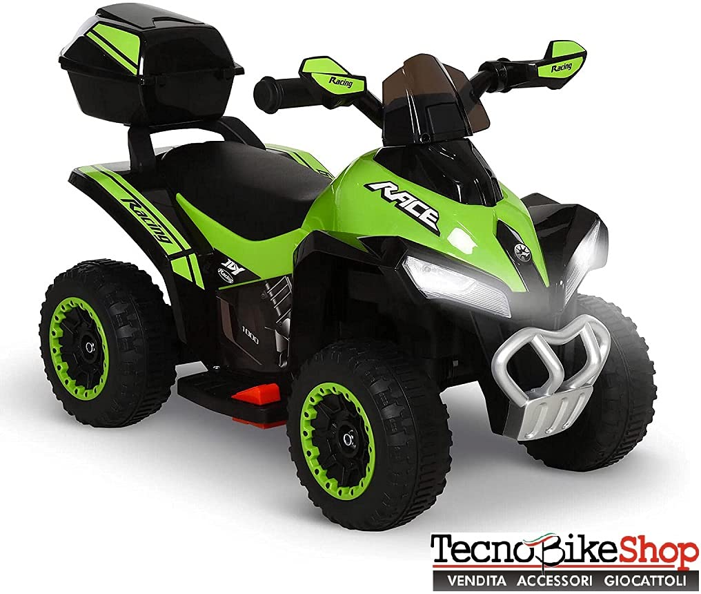 Tecnobike Shop Mini Quad Deluxe 6V luci Suoni Batteria Ricaricabile Marcia Avanti e Indietro Baluetto e Parabrezza (Verde)