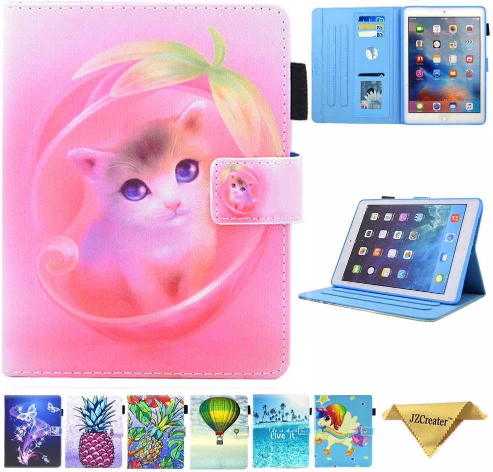 JZCreaterCase for iPad 9.7 2018 2017 / iPad Air 2 / iPad Air Case - Flip Stand PU Leather Wallet Case, Auto Sleep/Wake Function Smart Cover, Cute Cat