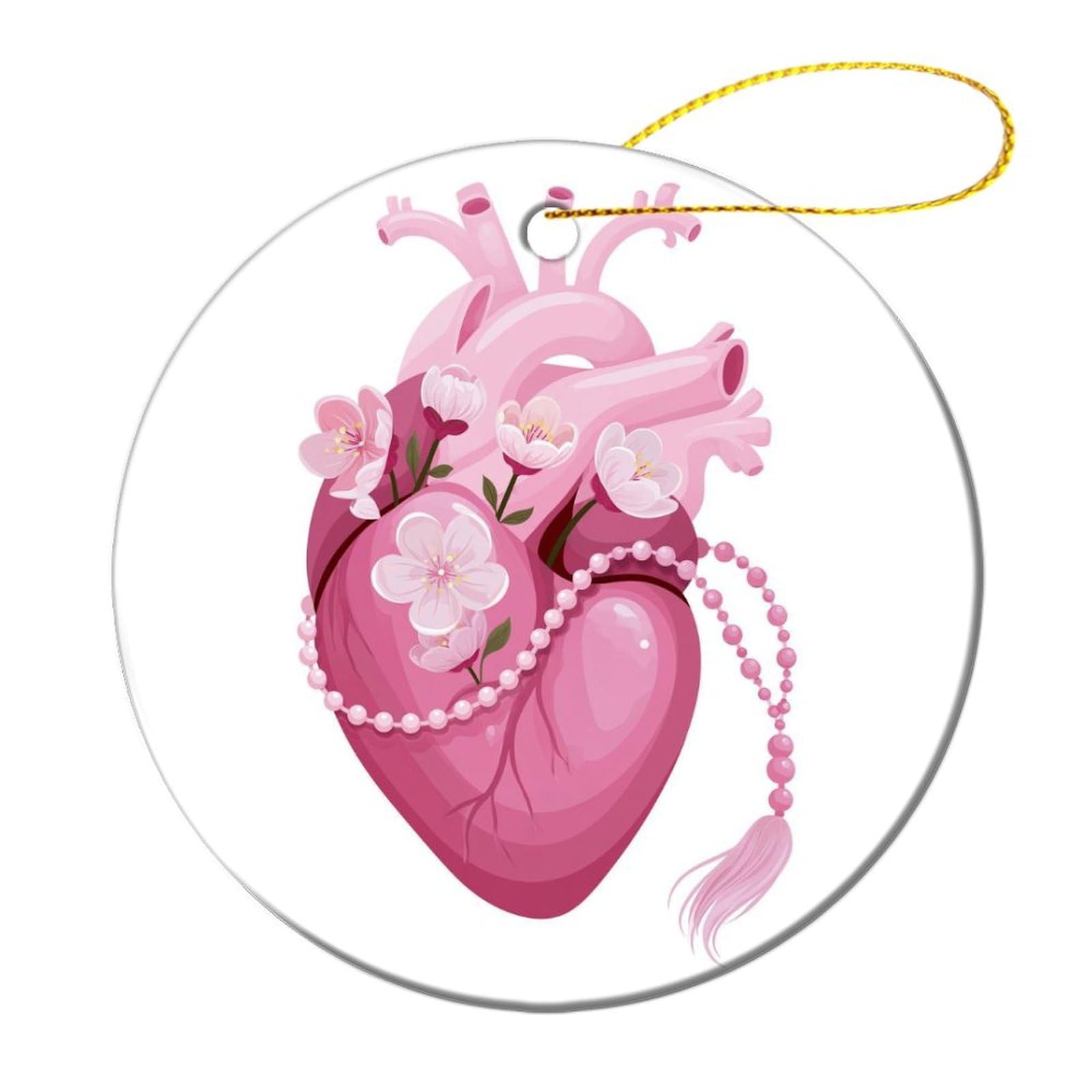 Pink Anatomical Heart with Flowers Christmas Tree Hanging Ornaments,2 Pieces, 7.2CM Round Double-Sided
