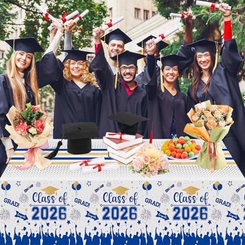 Image of Graduation Decorations Class of 2026 Tablecloth - 3 Pcs Plastic Congrats Grad Table Cloth, Graduation Table Cover for Graduations Party Decorations 2026 and Party Supplies, 54 inchx108 inch (Blue and Gold)
