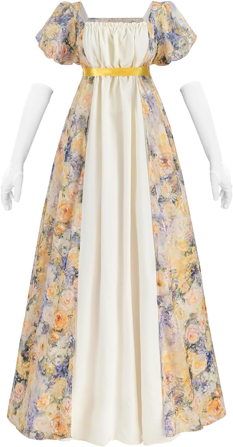 LTAKK Regency Dress Women Regency Costume Empire Waist Tea Party Victorian Gown with Gloves, Sash and Corsage