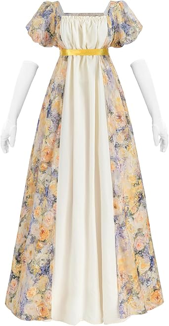 LTAKK Regency Dress Women Regency Costume Empire Waist Tea Party Victorian Gown with Gloves, Sash and Corsage