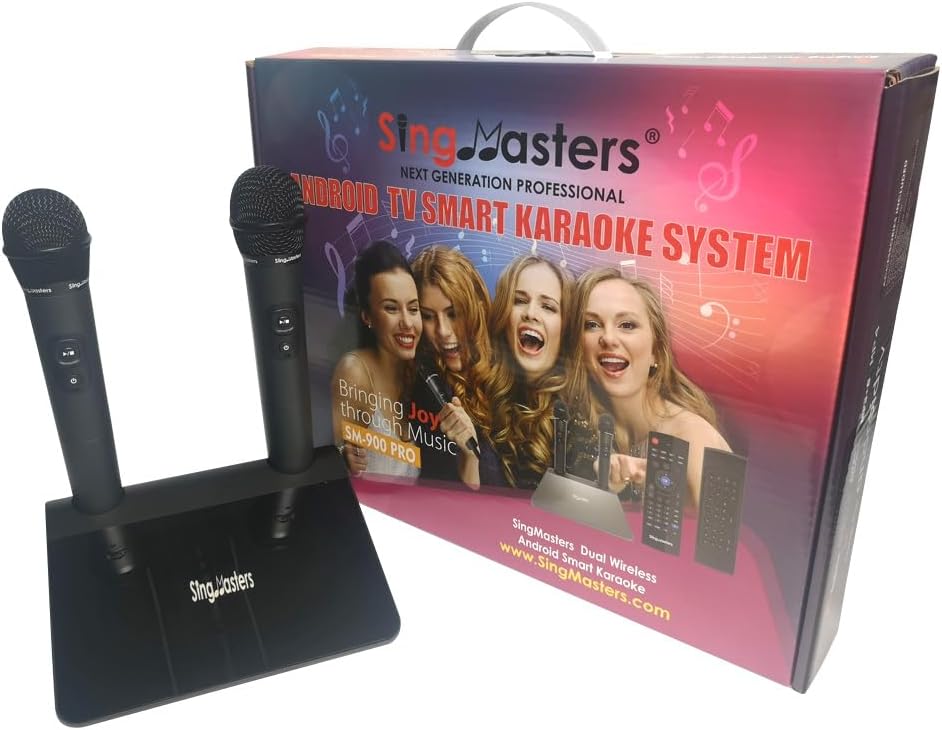 SM-900 PRO English Karaoke Machine,13K English Songs,Android TV Smart Karaoke,Dual Wireless Mics,Wi-Fi,YouTube Karaoke Singing,Video Recording,Apps,Playstore