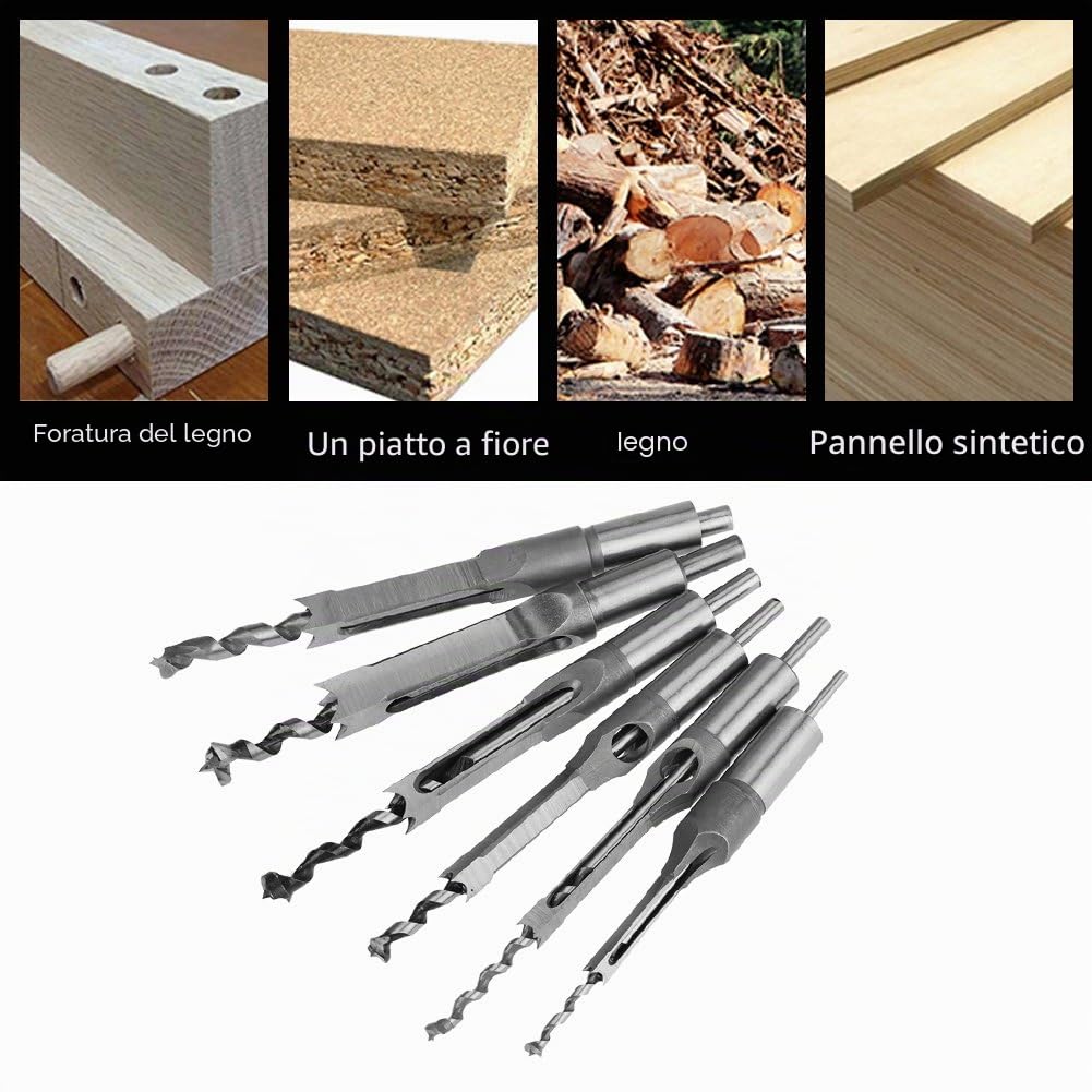 Punte per trapano a foro quadrato per legno, set da 6 pezzi di punte scalpello per mortasa e seghe a tazza – accessori per trapano universali per falegnameria e lavorazione del legno