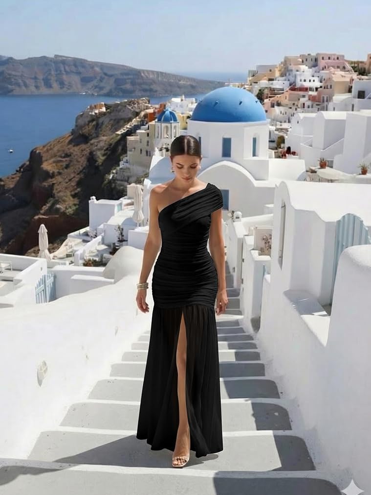 LAGSHIAN Women's Elegant Formal Long Dress One Shoulder Sleeveless Ruched Bodycon Evening Dress