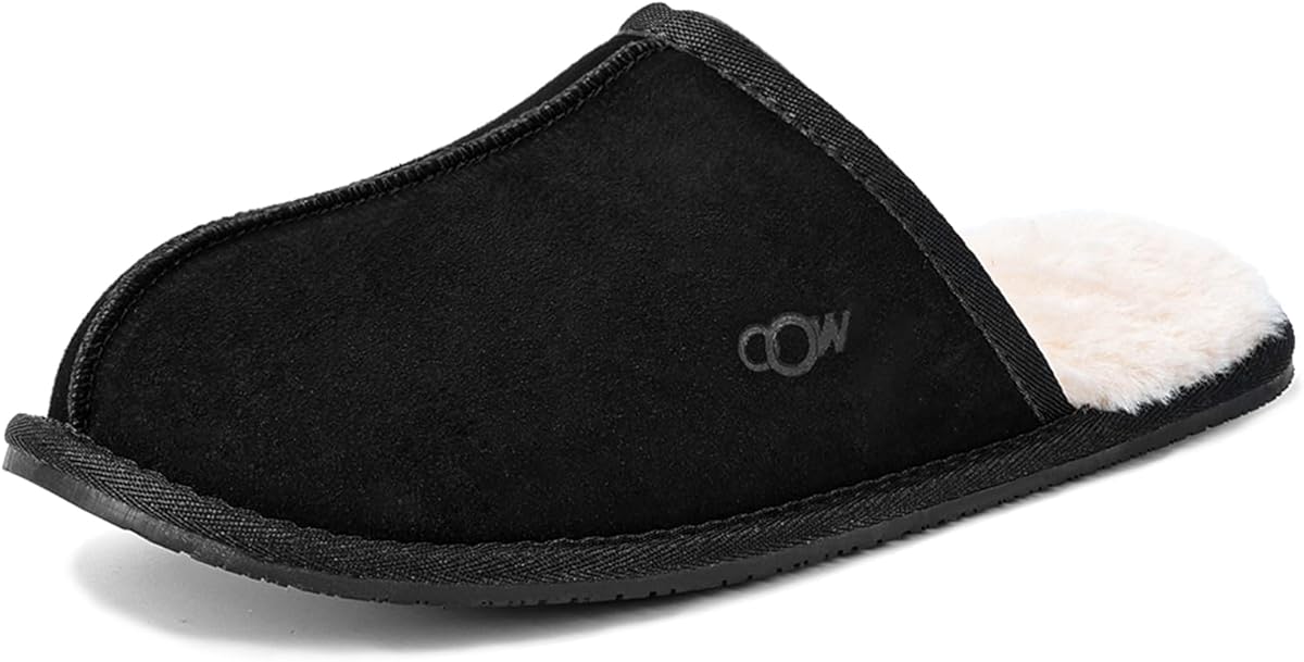 OOW Mens Slippers Genuine Suede House Slippers for Men Cozy Fuzzy Memory Foam Shoes Outdoor Non-Slip Fall Winter Footwear