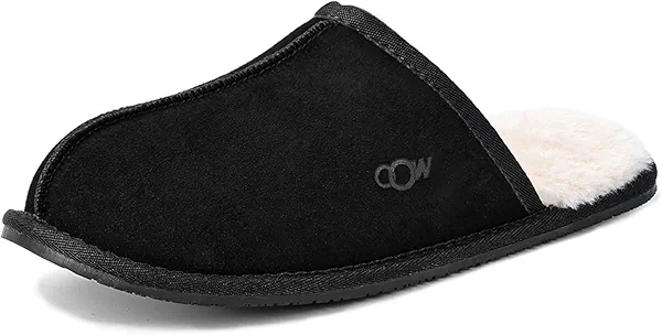 OOW Mens Slippers Genuine Suede House Slippers for Men Cozy Fuzzy Memory Foam Shoes Outdoor Non-Slip Fall Winter Footwear Black Size 9