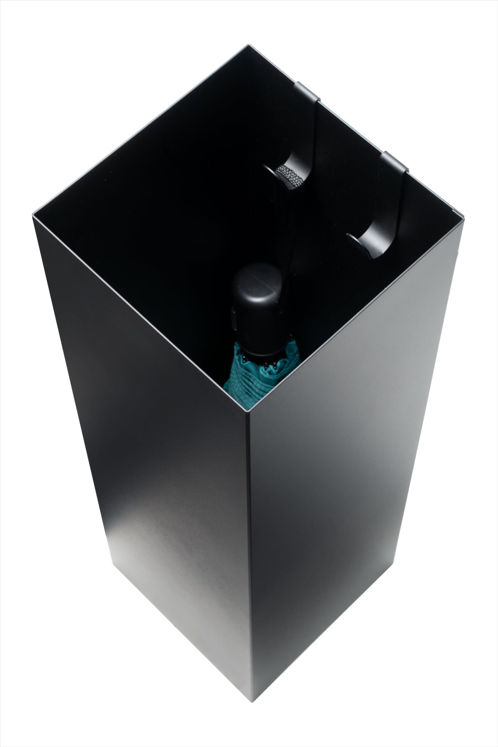 Paragüero con diseño moderno de metal para el hogar y la oficina, soporte de diseño, negro, 2 ganchos, 2 bandejas de recogida de agua extraíbles, 15,5 x 15,5 x 49 cm, cuadrado, paragüero