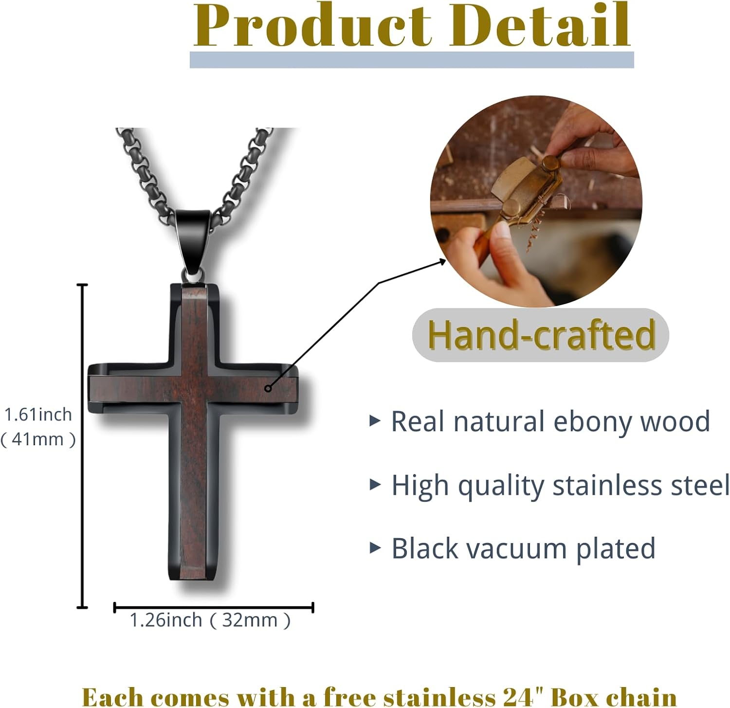 Wooden Cross Necklace for Men, Hand Polished Ebony Inset In Black Stainless Steel Christian Mens Cross Pendant Wood, 24" Round Box Chain - Image 7