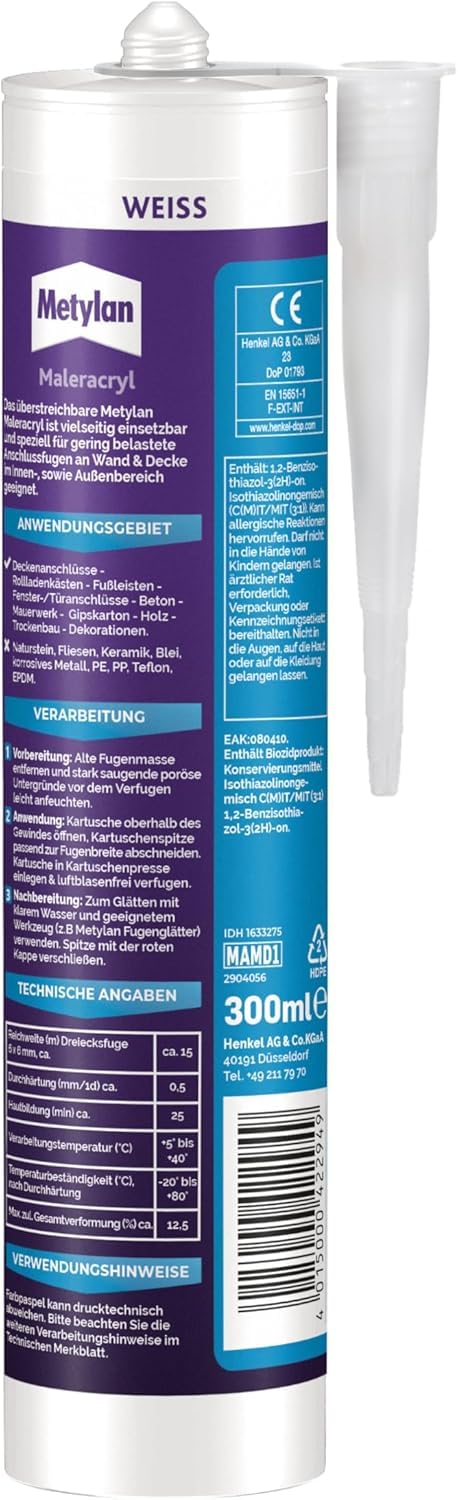 Metylan Maler-Acryl Wand & Decke, für innen und außen, weiß, überstreicbar; 12x300ml