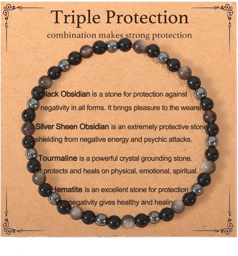 Triple Empath Protection Bracelet for Women Men, Natural Healing Crystal Bracelet