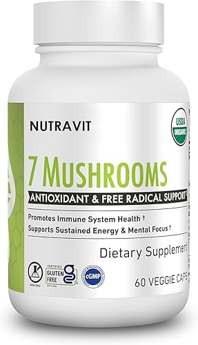Nutravit Suplemento orgánico de hongos, 7 hongos fermentados melena de león, shiitake, cordyceps, cola de pavo, reishi 60 cápsulas vegetarianas