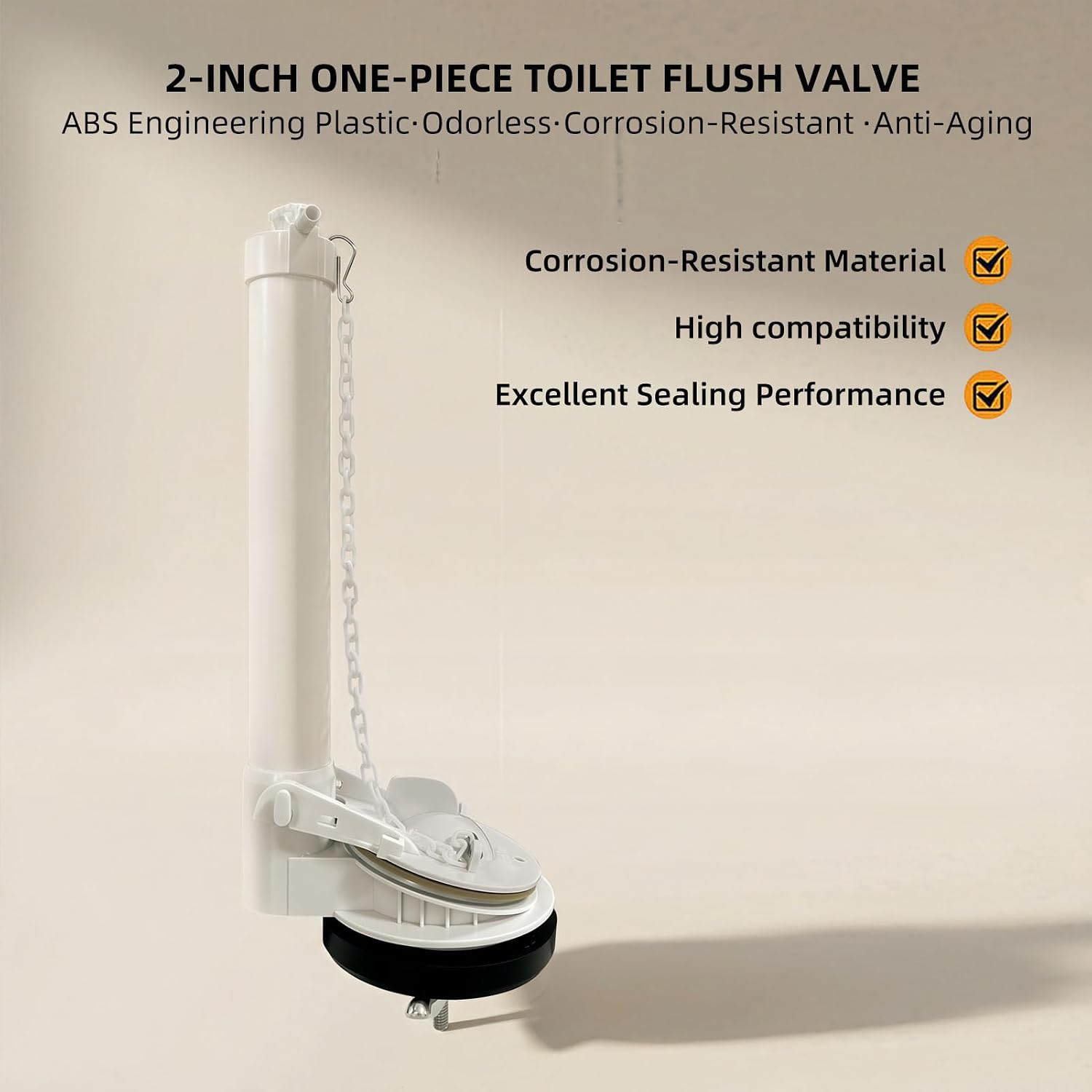 universal 2-inch water tank flush valve replacement kit, with overflow pipe and float ball, high impact resistant ABS material, suitable for mostone-piece toilet, easy to install.
