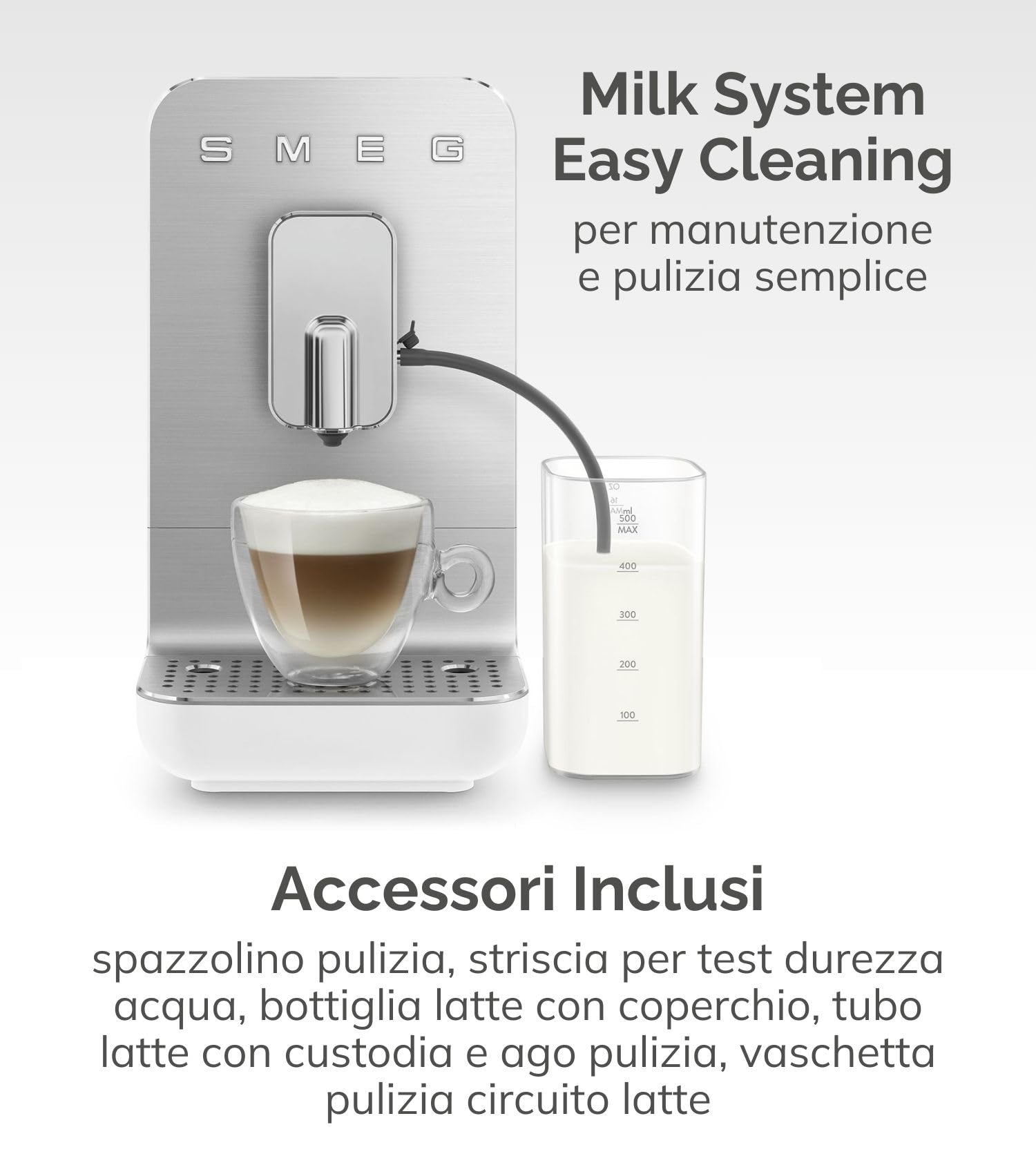 Smeg, Macchina da Caffè Espresso Automatica BCC13WHMEU, Sistema Latte, Macinacaffè Integrato, Sistema Thermoblock, 1,4 L, Cassetto Raccogligocce Rimovibile, Dimensioni Compatte, 1350W, Bianco