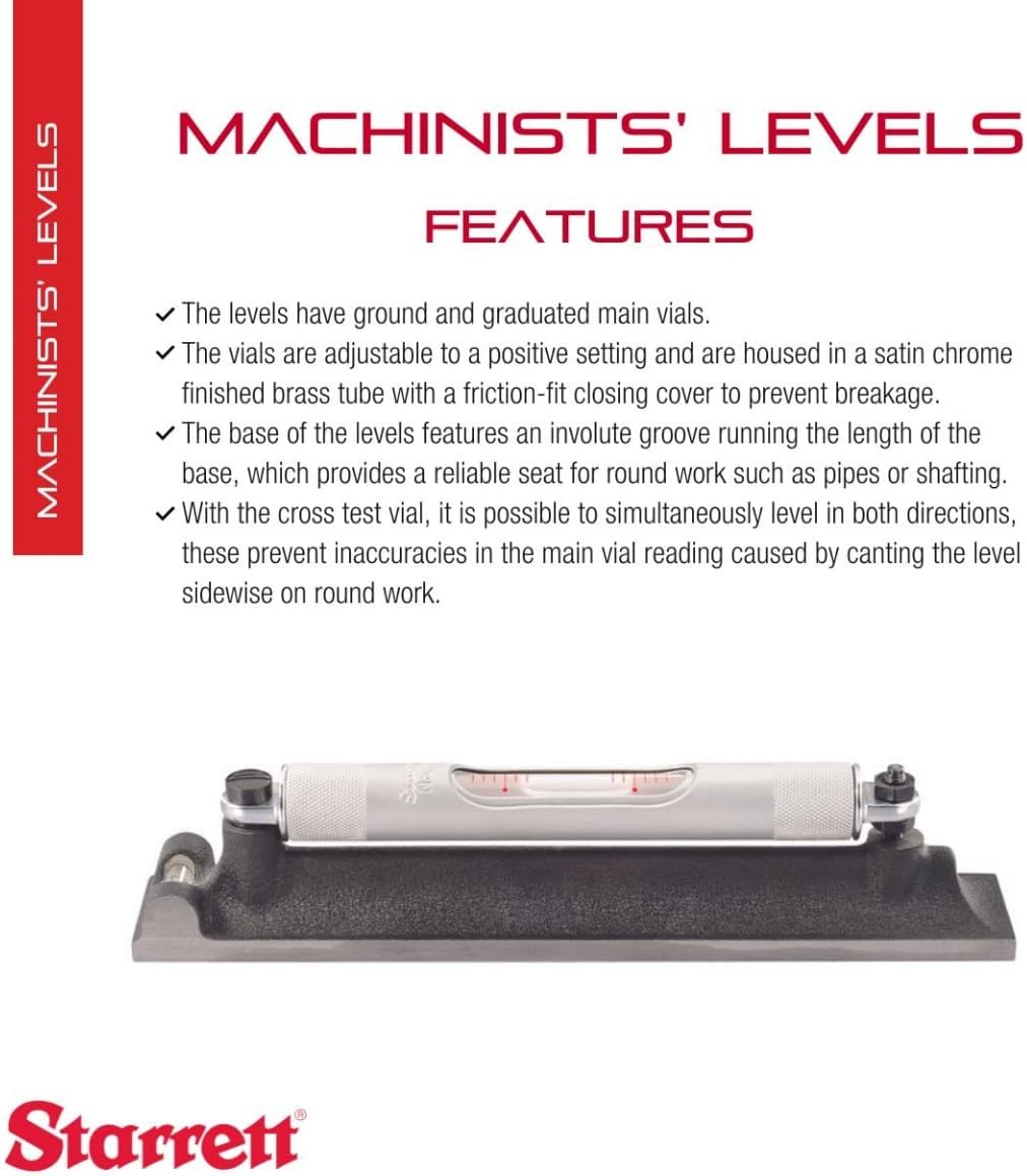 Starrett Machinists' Level with Ground and Graduated Main Vial - Ideal for Machine Shop and Tool Room Use - 8" Length, Cross Test Vial, Without Case - 98-8