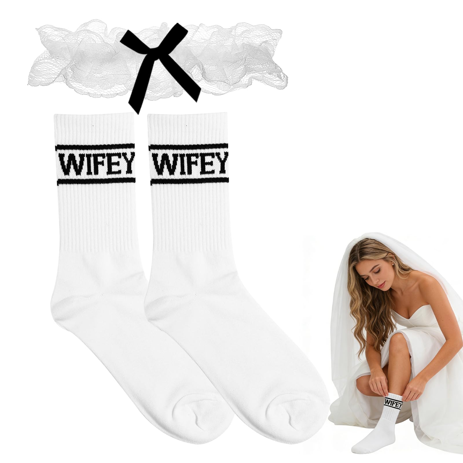 llikknve 2Pcs Bride Socks and Lace Trimmed Bow Leg Ring, Charming Wifey Socks, Perfect Bride Gift for Wedding, Anniversary and Bridal Suites