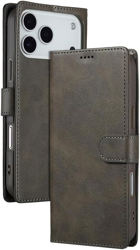 Wallet Case for iPhone 17 Pro Max/17 Pro/Air/17, Magnetic Flip Full Coverage Protection Kickstand Credit Card Holder Leather Folio Retro Cover(Gray,17)