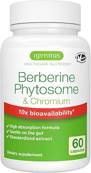Igennus Dual Action Berberine Phytosome 550mg & Chromium Picolinate, 10x Absorption, Blood Glucose Control, Standardized Berberis Extract Supplement, Clean Label, Vegan, 60 Capsules