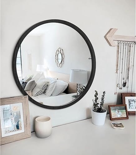 Miniatura 123 de JJUUYOU Espejo circular de pared redondo para baño, espejo de tocador gris, pequeño círculo decorativo para pared, marco de madera, espejo