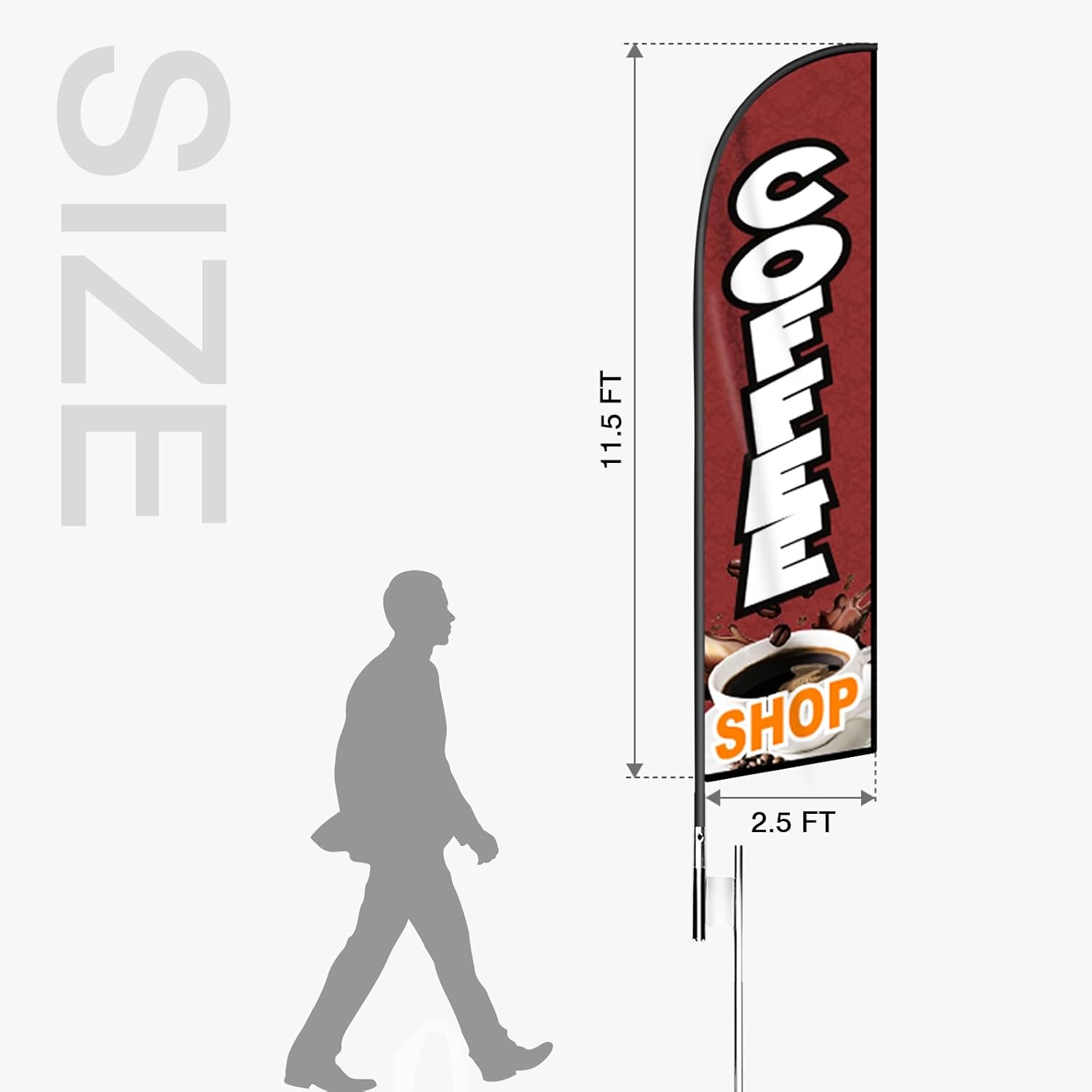 Coffee Shop Feather Flag Banner - 11.5x2.5 Ft Advertising Swooper Flag for Outdoor Business and Events Promotion - Coffee Signs Windless Full Sleeve Banner for Restaurants, Diners, Markets (Only Flag)