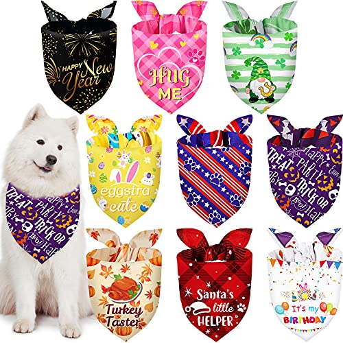 Weewooday 9 Pcs Holiday Dog Bandanas Halloween Thanksgiving Christmas Bandanas Birthday Scarf Adjustable Large Pet Washable Scarves for Large Dog Costume Supply(Fresh Pattern)