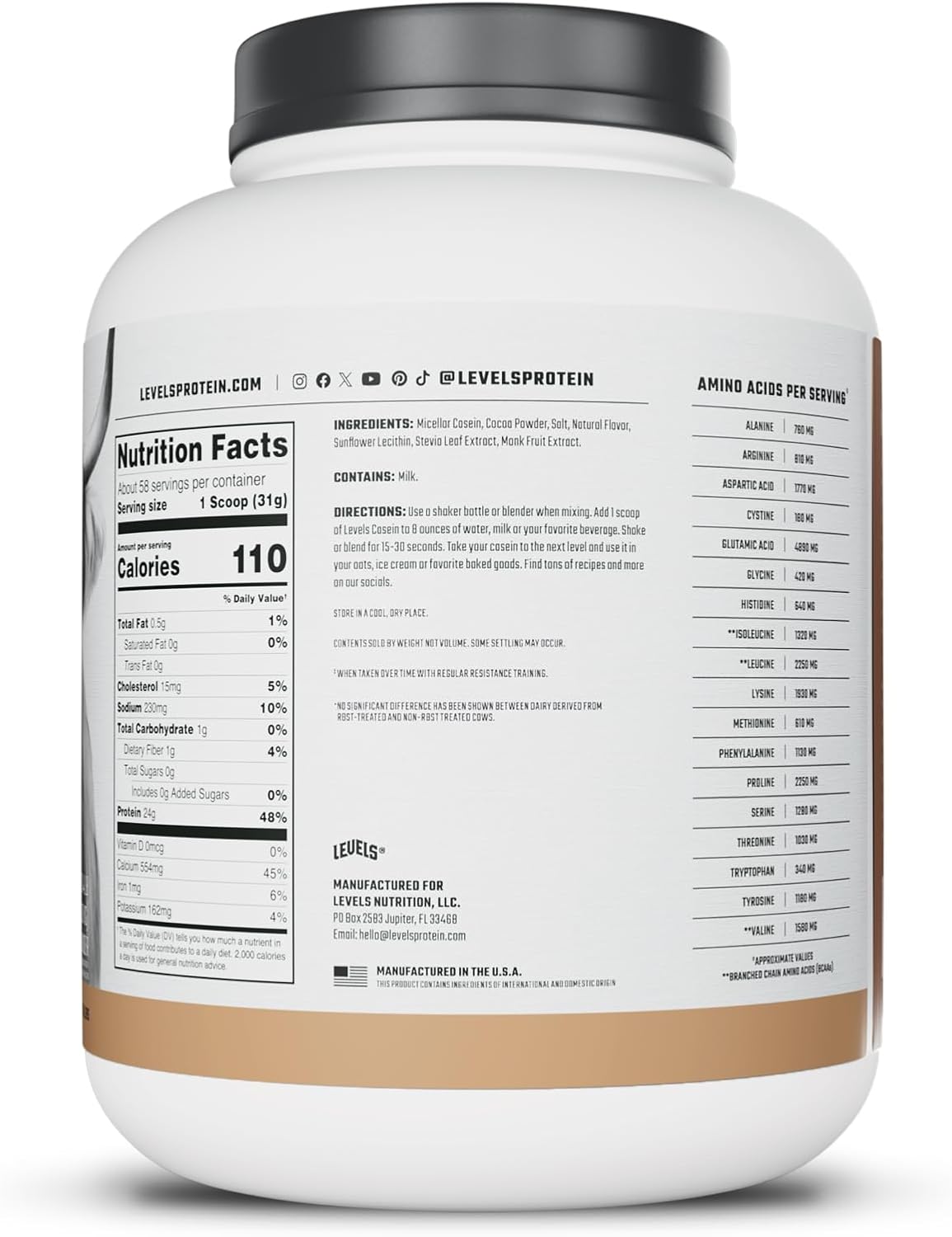 Levels 100% Micellar Casein Protein, Hormone Free, Chocolate, 4LB