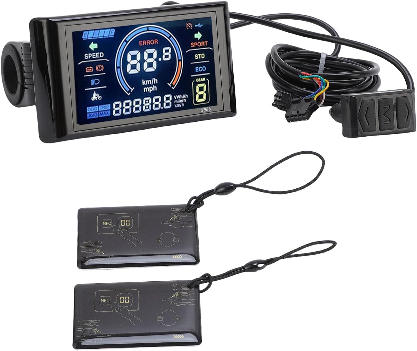 Walmeck S966 LCD display shown with two NFC cards.