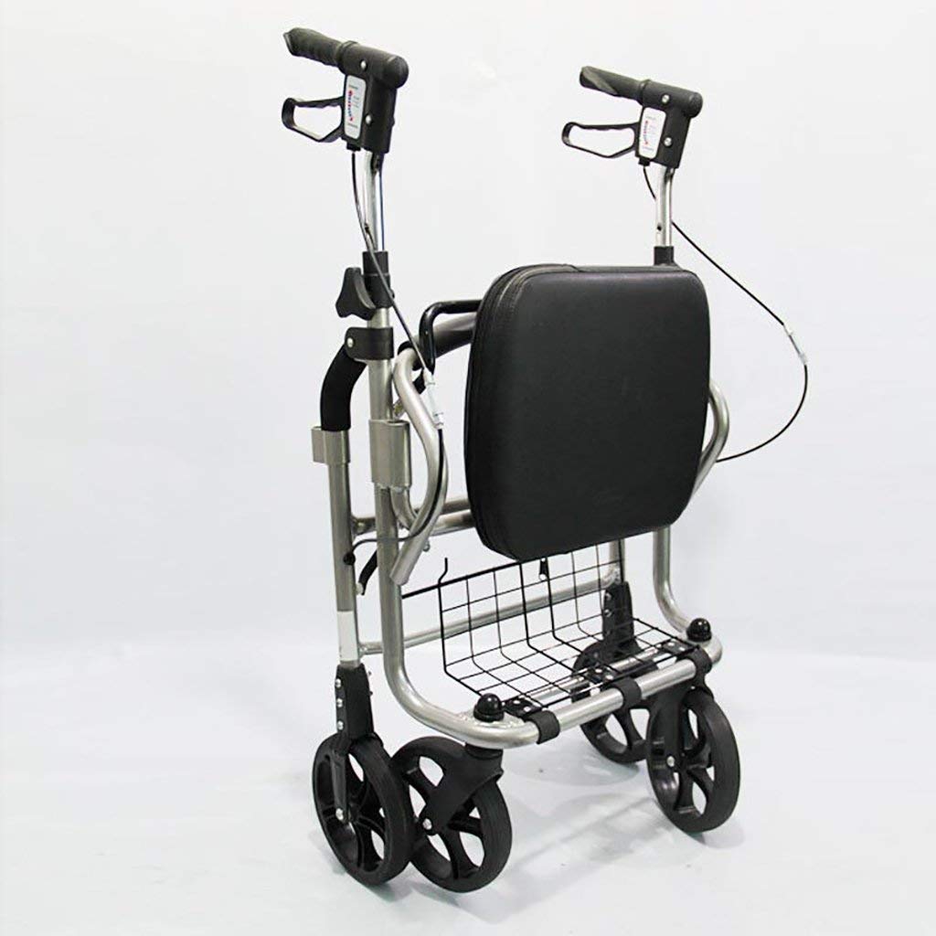 Andador para Ancianos,Práctico andador con ruedas de cuatro ruedas con asiento para personas mayores de aluminio compacto, plegable y ligero, incluye asiento y cesta de la compra