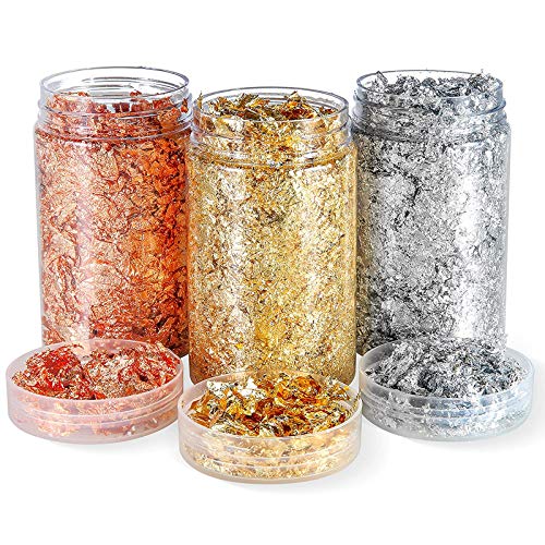 Copos De Pan De Oro LáMina De Oro Para Resina Pan De Oro Para ArtesaníAs De Resina Copos De Hojas MetáLicos Para UñAs, Pintar, Arte Manualidad DecoracióN Hacer Joya Resina, 3 Colores (200ml/ Botella)