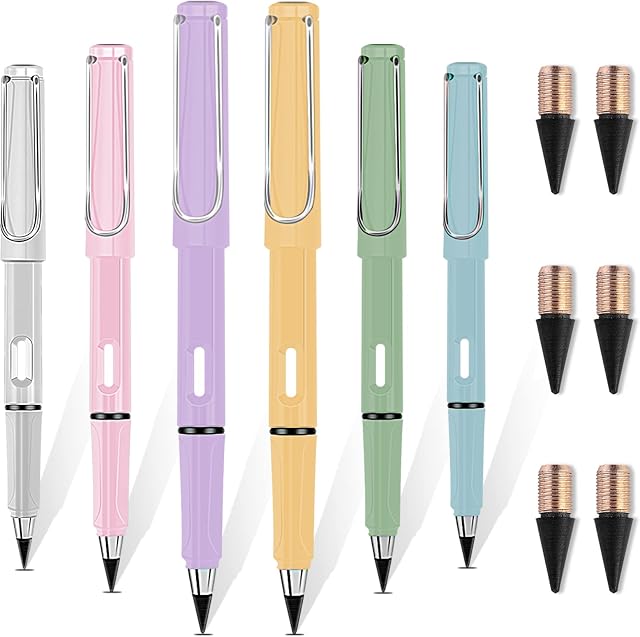 Zengest 6 Pcs New Type Everlasting Pencil Set, No Graphite Pencils, Durable Special Alloy Pen Tip (Without Sharpening), Legible Handwriting, Write Smoothly, with Rubber and Replaceable Tips