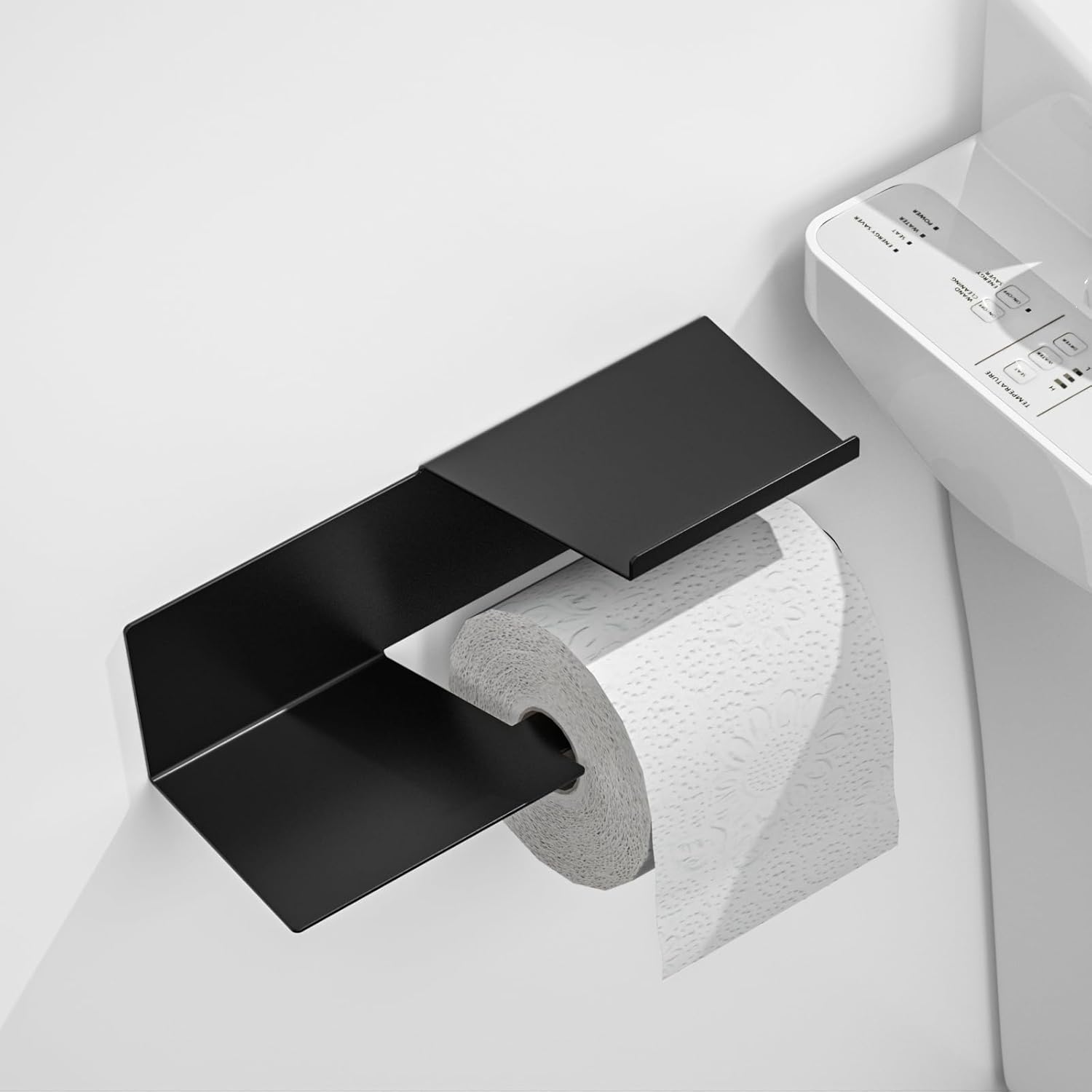 ASTOFLI Upgrade Double Layer Toilet Paper Holder with Shelf, Matte Black Toilet