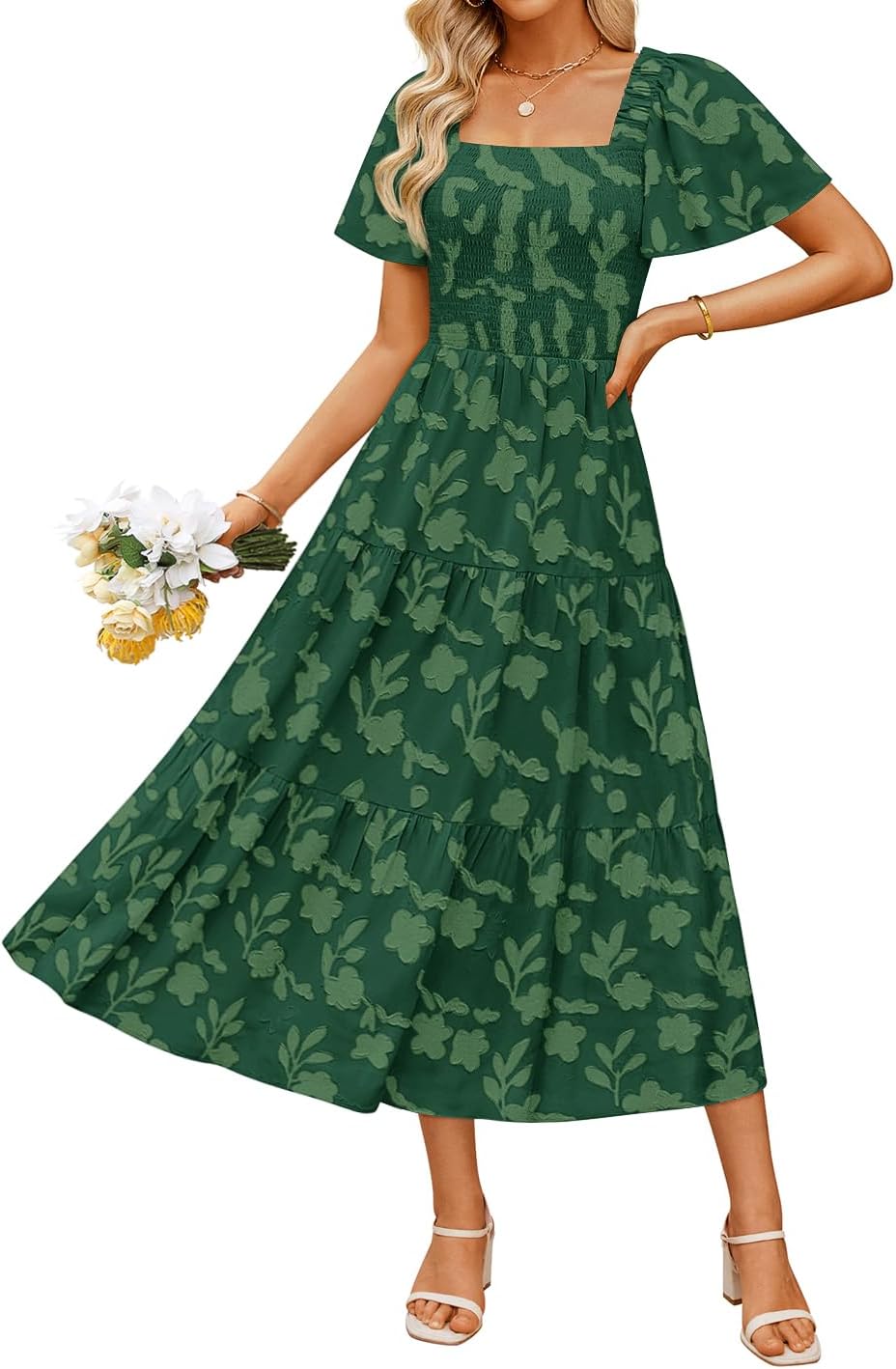 ZESICA Women’s Summer Boho Floral Midi Dresses Casual Short Sleeve Square Neck Flowy Beach Vacation Long Dress