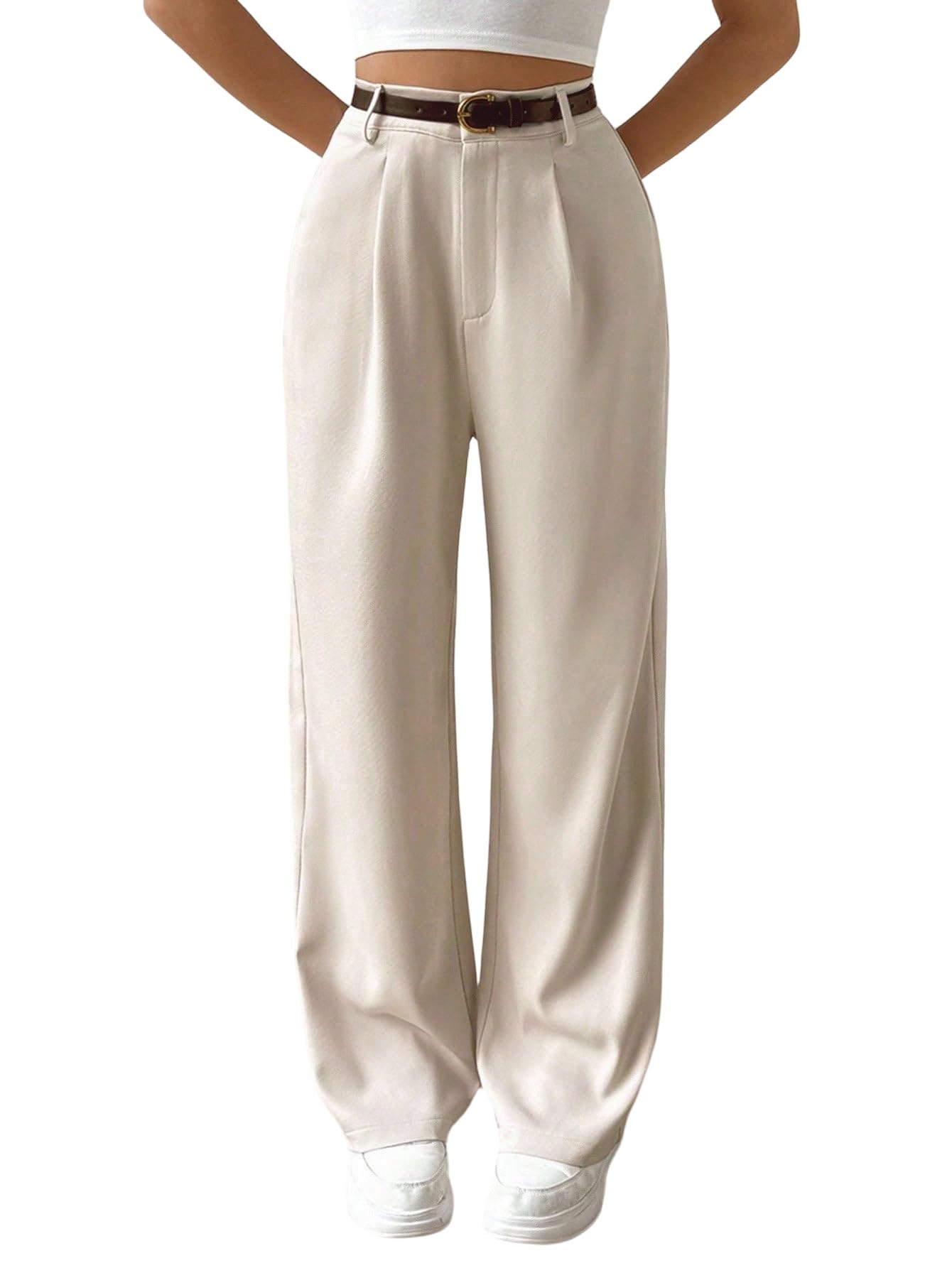 SOLY HUX Stoffhose Damen Elegant Marlenehose Anzughose Mit Gürtel Wide Leg Damenhose Mit Gummizug Bundfaltenhose Stretch Freizeithose